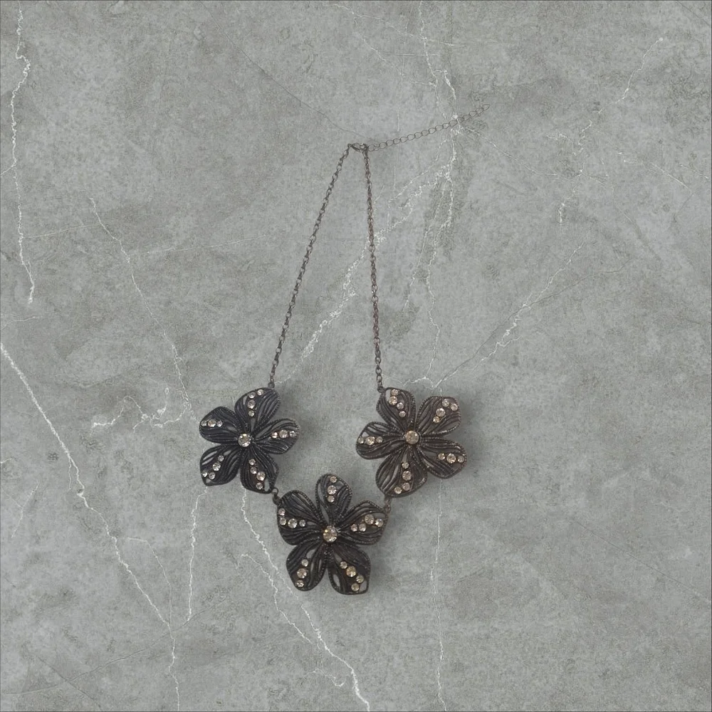 Black and Gold Floral CZ Statement Necklace Intricate Design